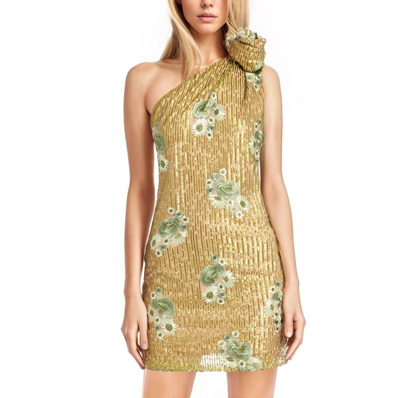 Badgley Mischka - Rosette One-Shoulder Sequin Mini Dress - Picture 1 of 15